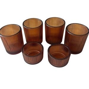 Amber Ribbed Glass Votive Tea Light Candle Holder Set of 6 Fluted Mid Century
